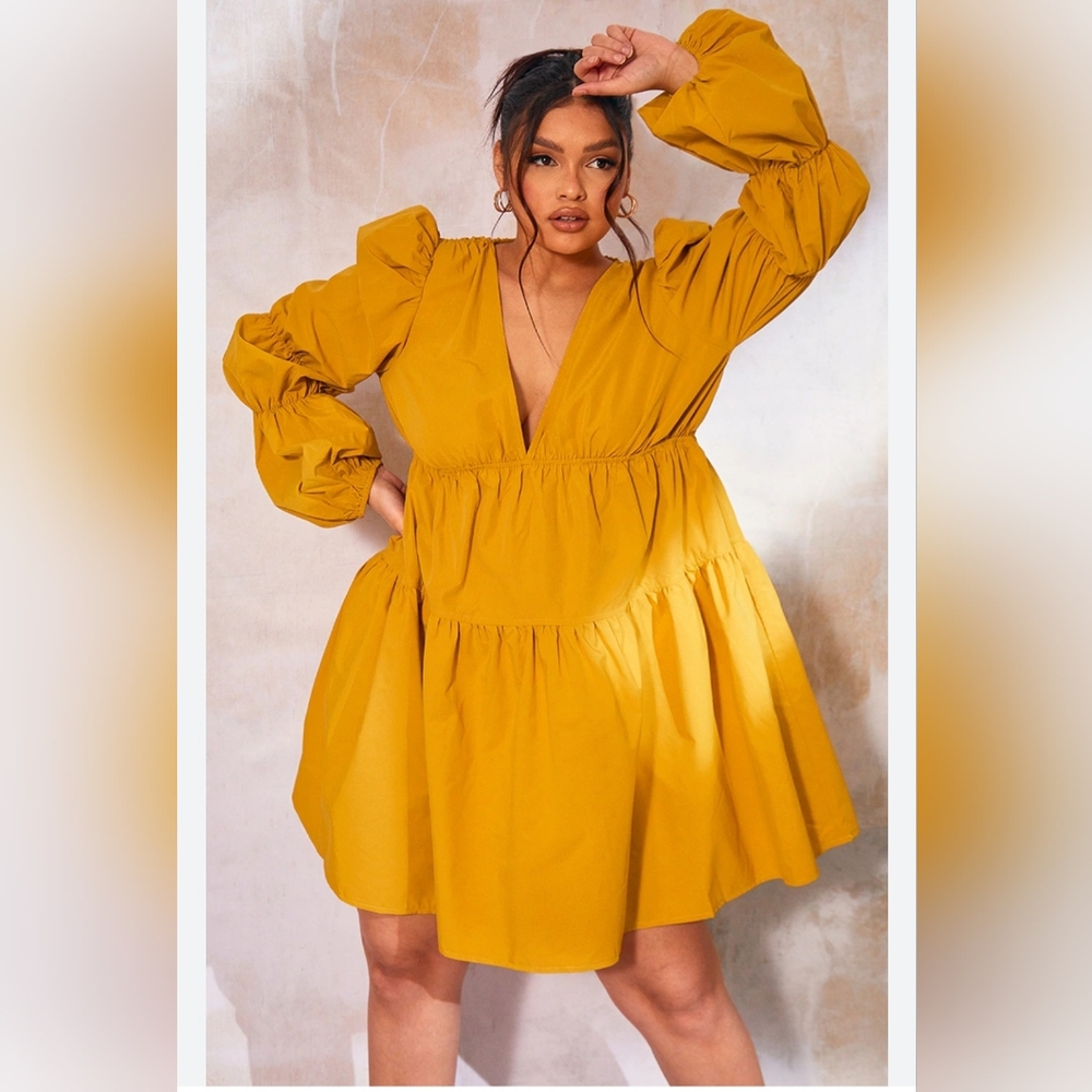 New Pretty Little Thing Dress Mustard Yellow Spring Size 20 Boho Puff Sleeves